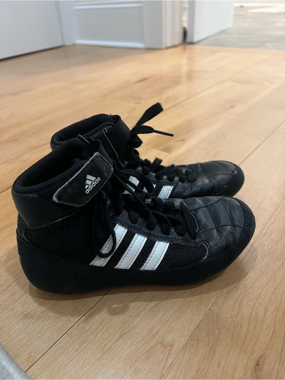 adidas Kids Black High-Top Wrestling Shoes with White Stripes